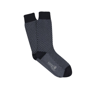 A pair of men's formal socks with a geometric pattern in gray and blue colors.