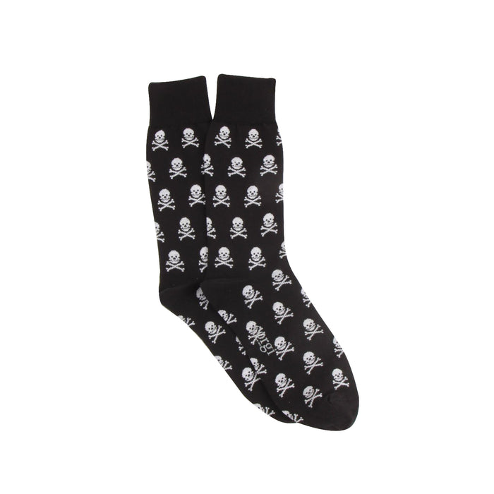 Black socks with white skull and crossbones pattern on a white background