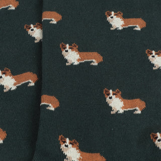 Dark green socks with brown and white dog pattern