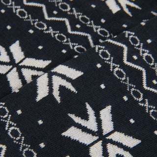 Close-up of navy fabric with white geometric pattern.