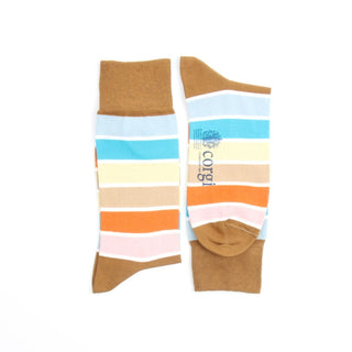 Colorful striped socks with brown accents on a white background