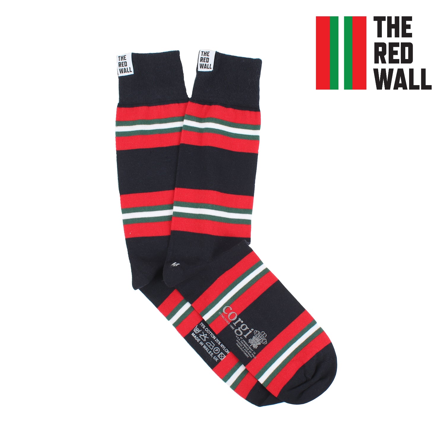 A pair of striped cotton socks with red and green horizontal stripes on a navy background, with the text 'THE RED WALL' on the cuff.
