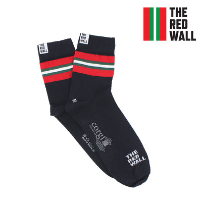 Navy Red Wall socks on a white background.