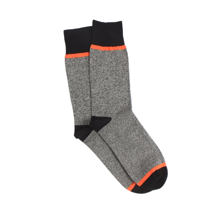 Gray socks with black and orange accents on a white background
