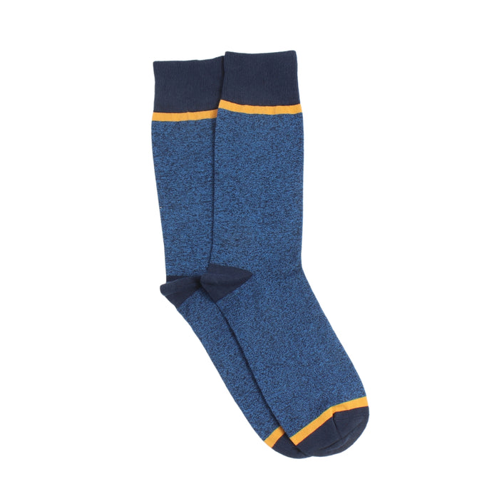 Pair of blue socks with yellow accents on a white background
