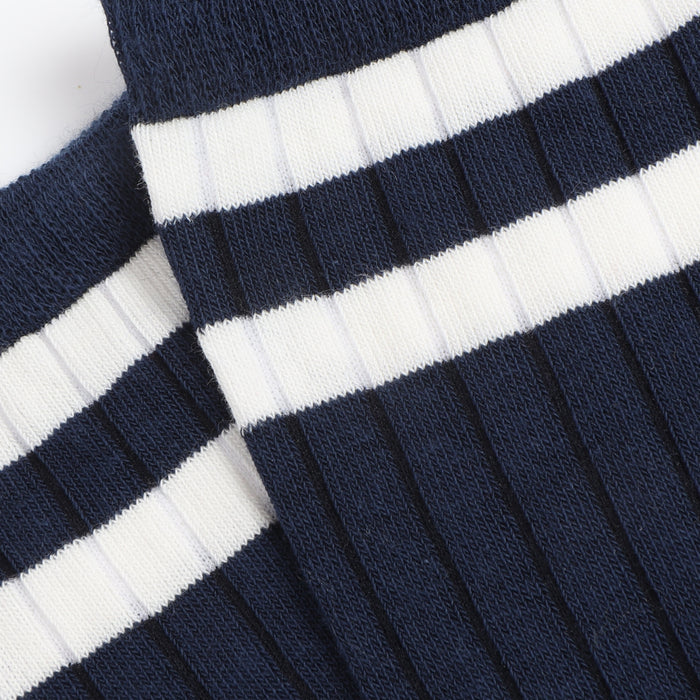 Close-up of navy and white striped fabric