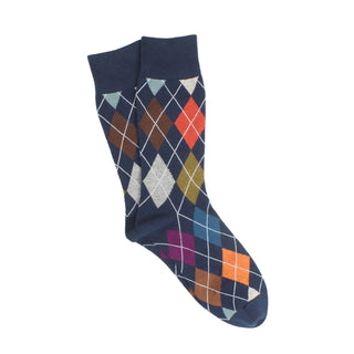 Navy sock with multicolor diamond pattern on a white background