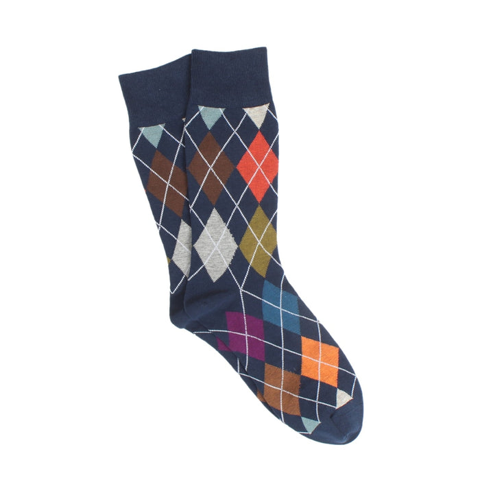 Navy sock with multicolor diamond pattern on a white background