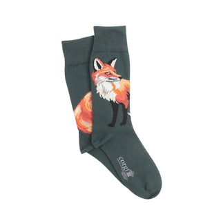 Green sock with a fox design on a white background