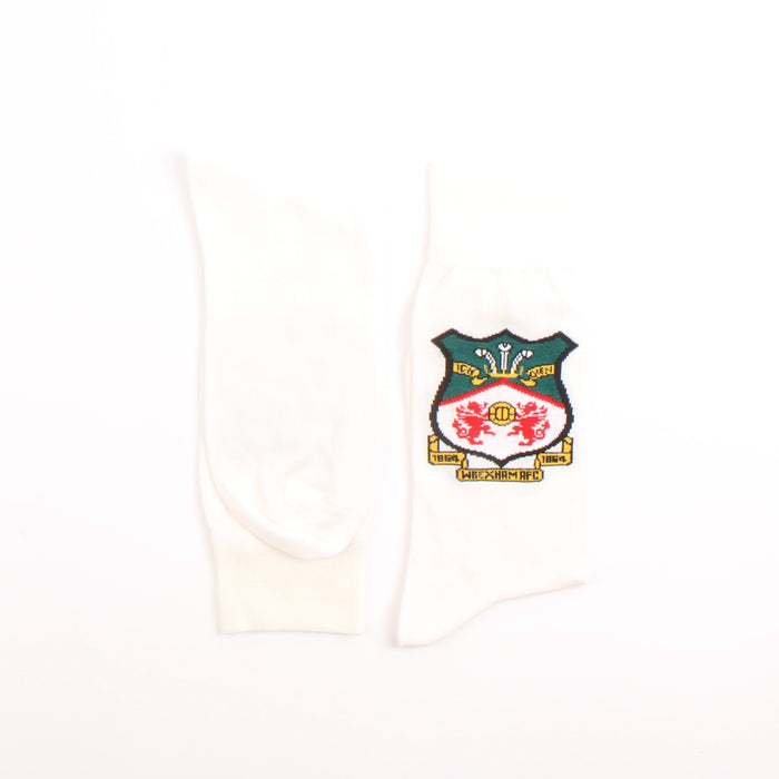 White socks with a colourful logo on a white background