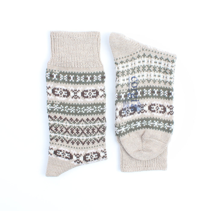 Pair of knitted socks with a pattern on a white background