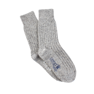 Gray sock with a brand logo on a white background
