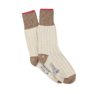 Pair of beige and brown boot socks with a visible brand label on a white background