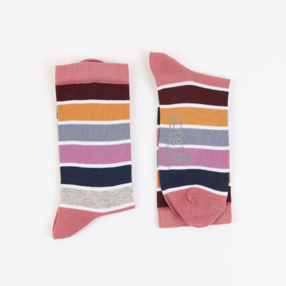 A pair of striped crew socks laid flat on a white background, featuring horizontal bands of pink, dark red, mustard yellow, light blue, lavender, navy, light gray, and white.