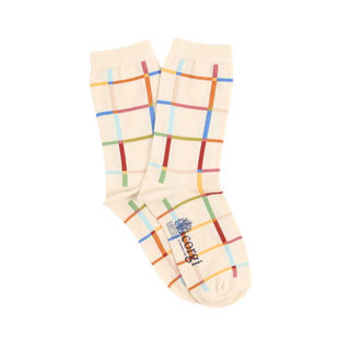 Pair of socks with colorful plaid pattern on a white background