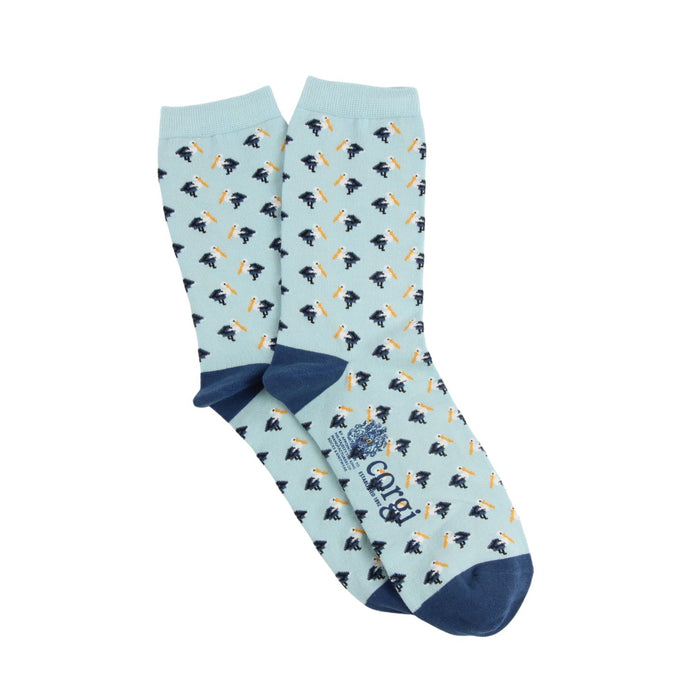 Light blue socks with tiny blue and yellow pelican patterns photographed on a white background