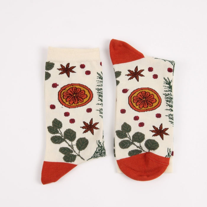 Pair of socks with floral pattern on a white background