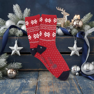 Red socks with white snowflake pattern on a white background