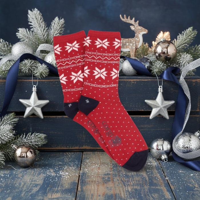 Red socks with white snowflake pattern on a white background