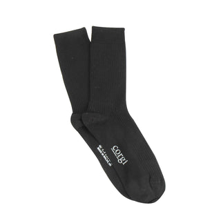 Black socks with a brand logo on a white background