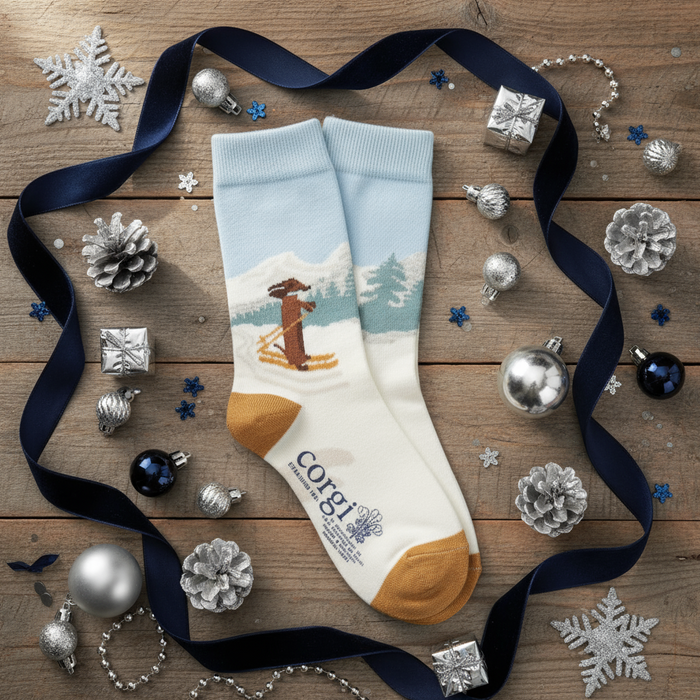 A pair of kids' socks with a skiing Dachshund scene in a Christmas-themed design, featuring a light color palette and placed against a grey background with Christmas decorations.