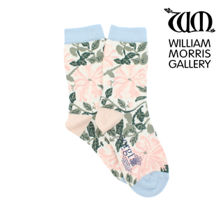 Floral patterned socks with light blue accents on a white background, featuring the William Morris Gallery logo.
