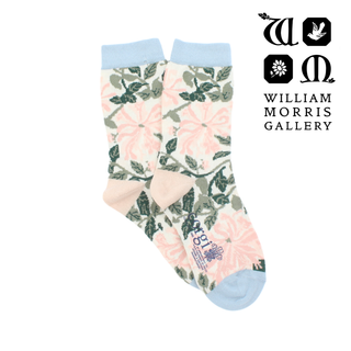 Floral patterned socks with light blue accents on a white background, featuring the William Morris Gallery logo.