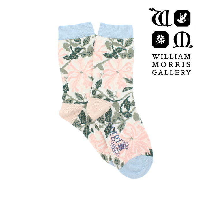 Floral patterned socks with light blue accents on a white background, featuring the William Morris Gallery logo.