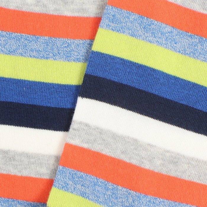 Close-up of striped fabric with orange, blue, green, and grey colours.