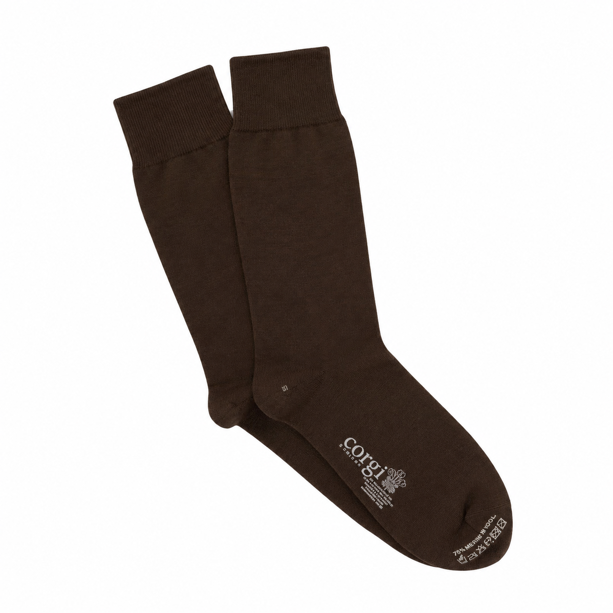 Brown sock with 'corgi' branding on a white background