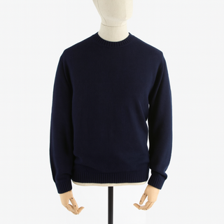 A navy men's classic crew sweater displayed on a mannequin, showing the front view with ribbed neckline, cuffs, and hem.