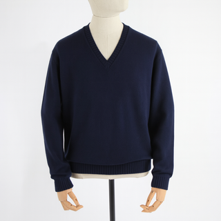 A navy men's classic V-neck sweater displayed on a mannequin.