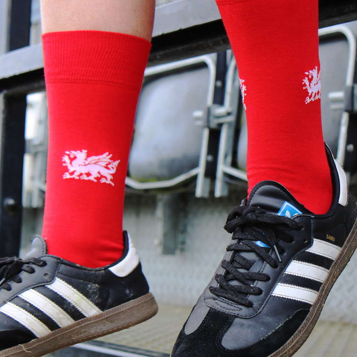 Red socks with a white dragon worn with black Adidas sneakers on a blurred background
