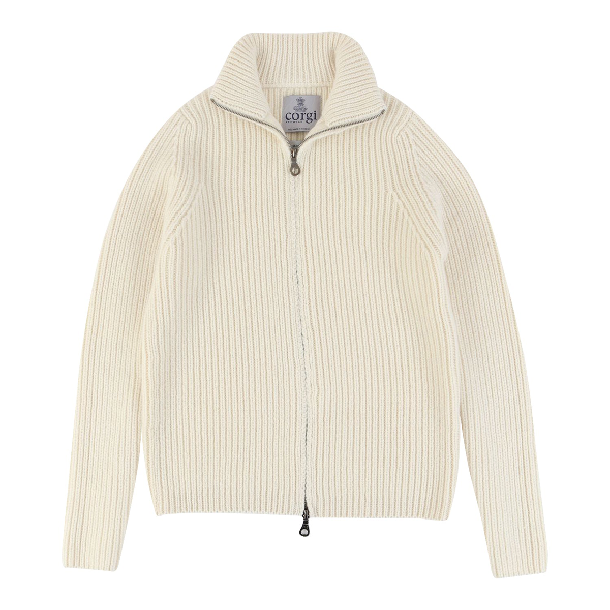 An off-white ribbed knit zip-up sweater with a stand-up collar, shown flat against a white background. The brand label 'cot&gari' is visible inside the collar.