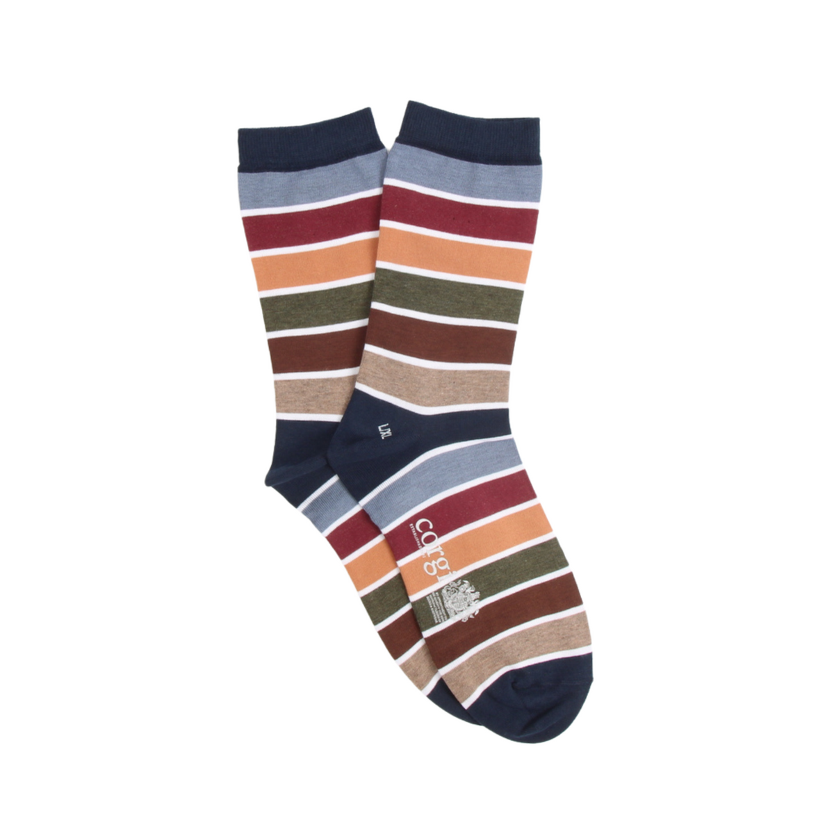 A pair of crew socks with horizontal stripes in navy, light blue, burgundy, orange, olive green, brown, and beige, featuring the brand name 'Cordoba' and a tree logo on the foot.