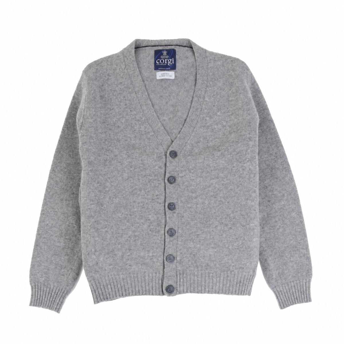 A light gray knit cardigan sweater with a V-neck, button-front closure, and ribbed cuffs and hem, shown on a plain white background. A blue Corgi brand label is visible inside the collar.