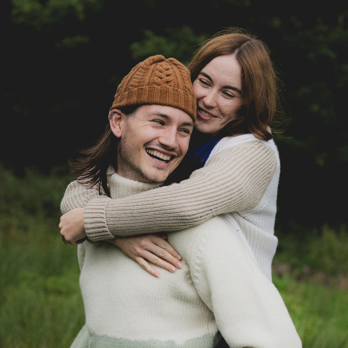 man wearing Multi Cable Knit Cashmere & Wool Beanie in tawny
