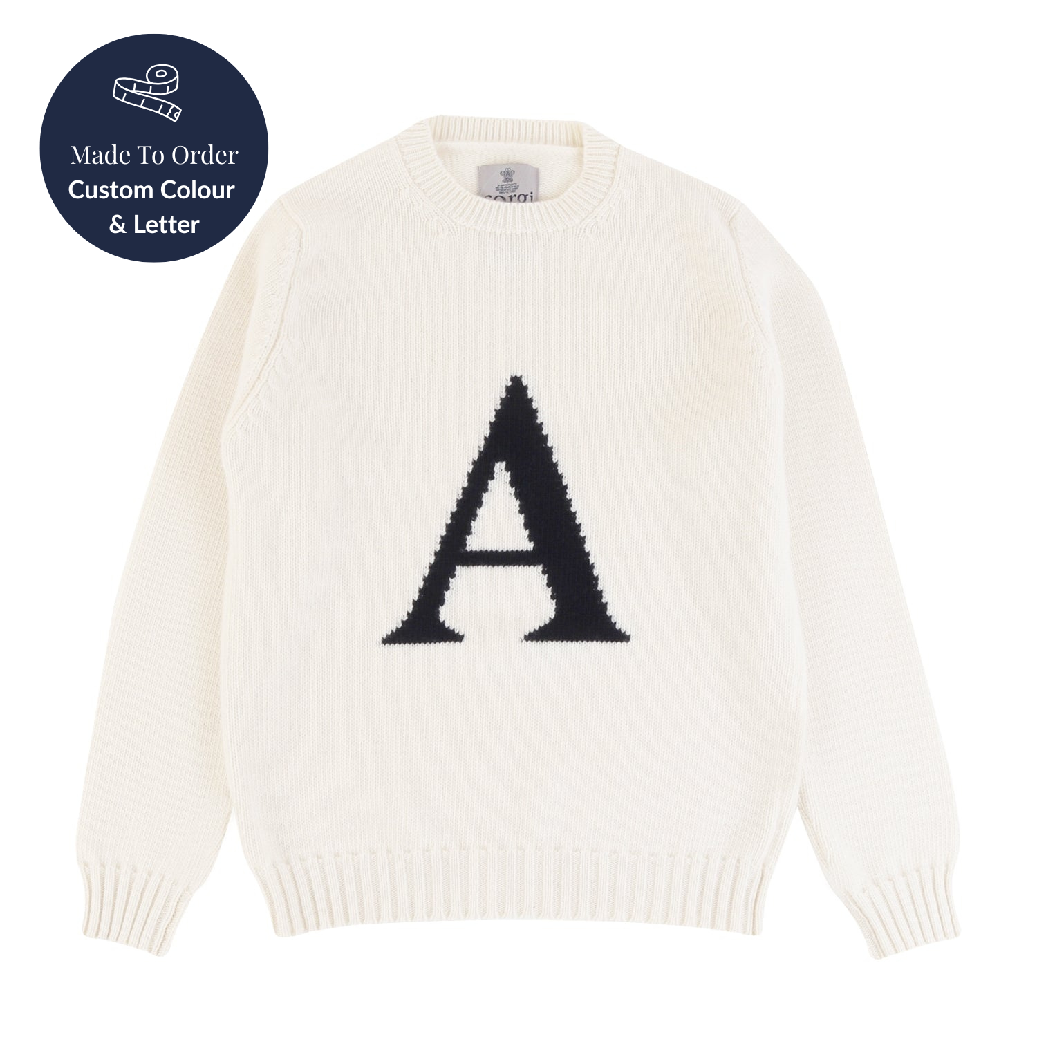 White sweater with a black letter 'A' on a white background