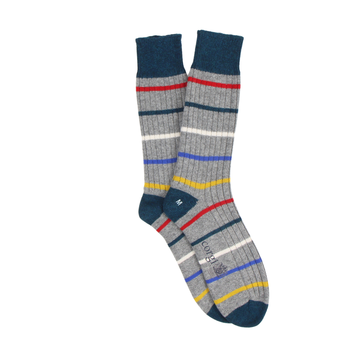 Pair of striped socks with blue, gray, red, yellow, and white colors on a white background.