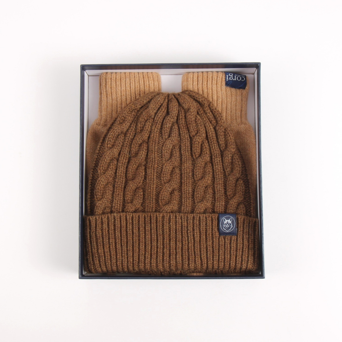 Men's Cashmere Beanie & Glove Gift Set in Chestnut