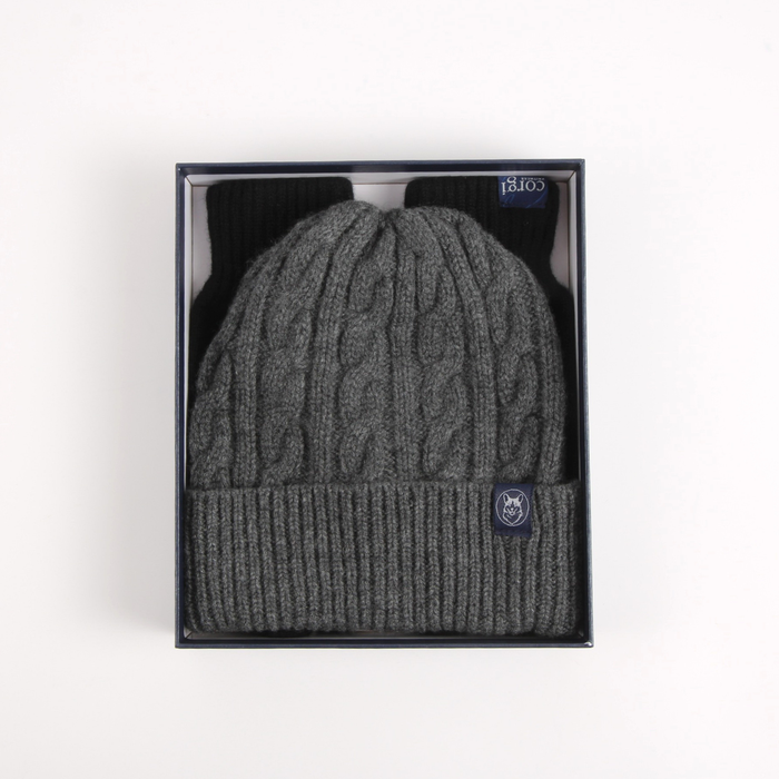 Men's Cashmere Beanie Glove Gift Set in Black