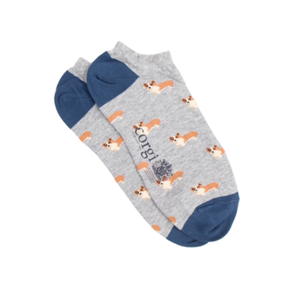 Gray ankle socks with corgi pattern and blue toes and cuffs on a white background