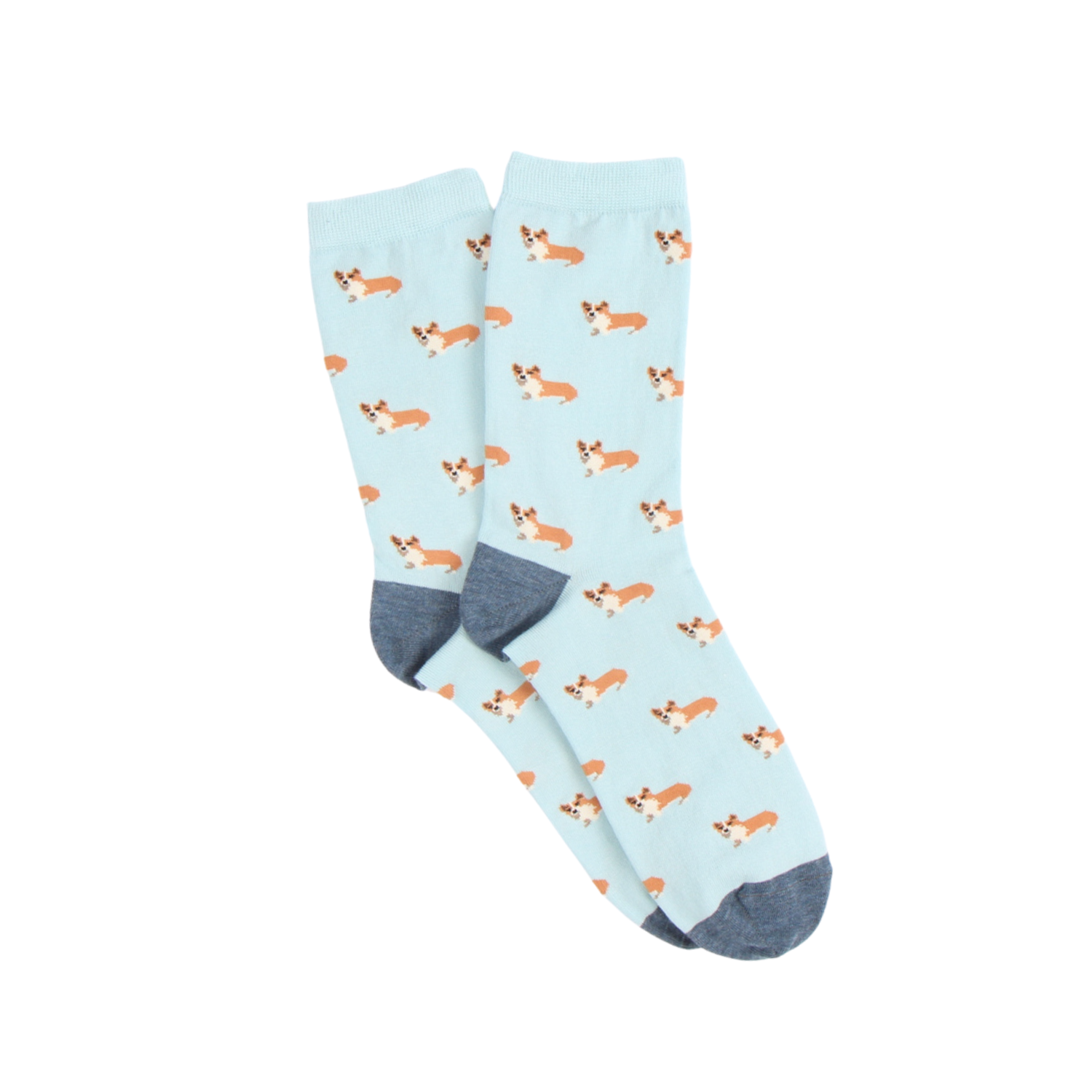 Light blue socks with dog pattern on a white background