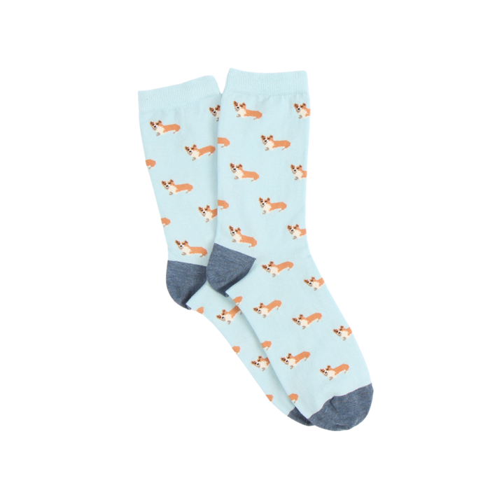Light blue socks with dog pattern on a white background