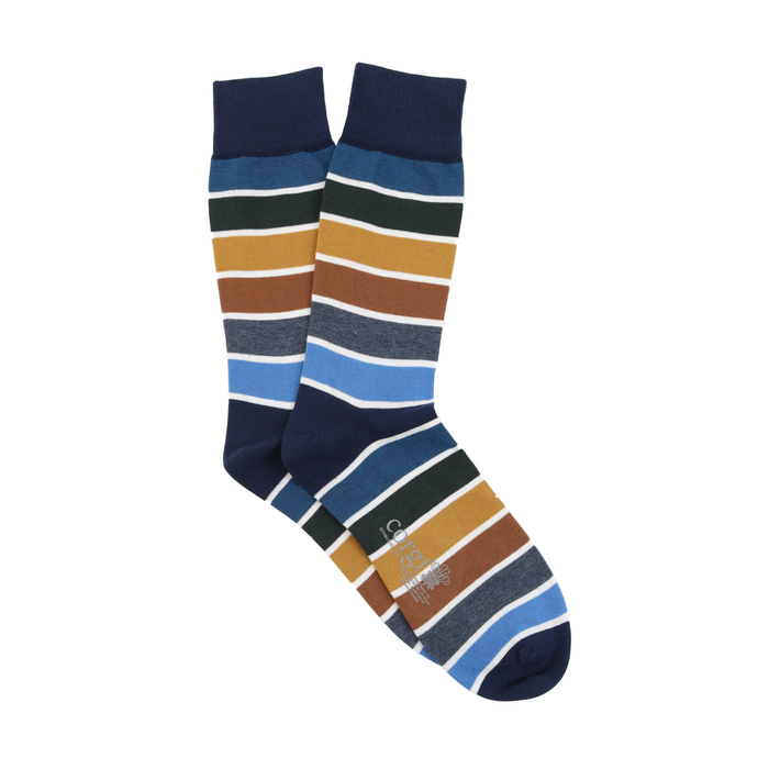 Pair of striped socks with blue, brown, and white colors on a white background