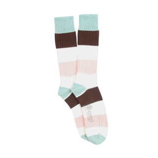 Color-blocked socks with brown, white, pink, and light blue stripes on a white background