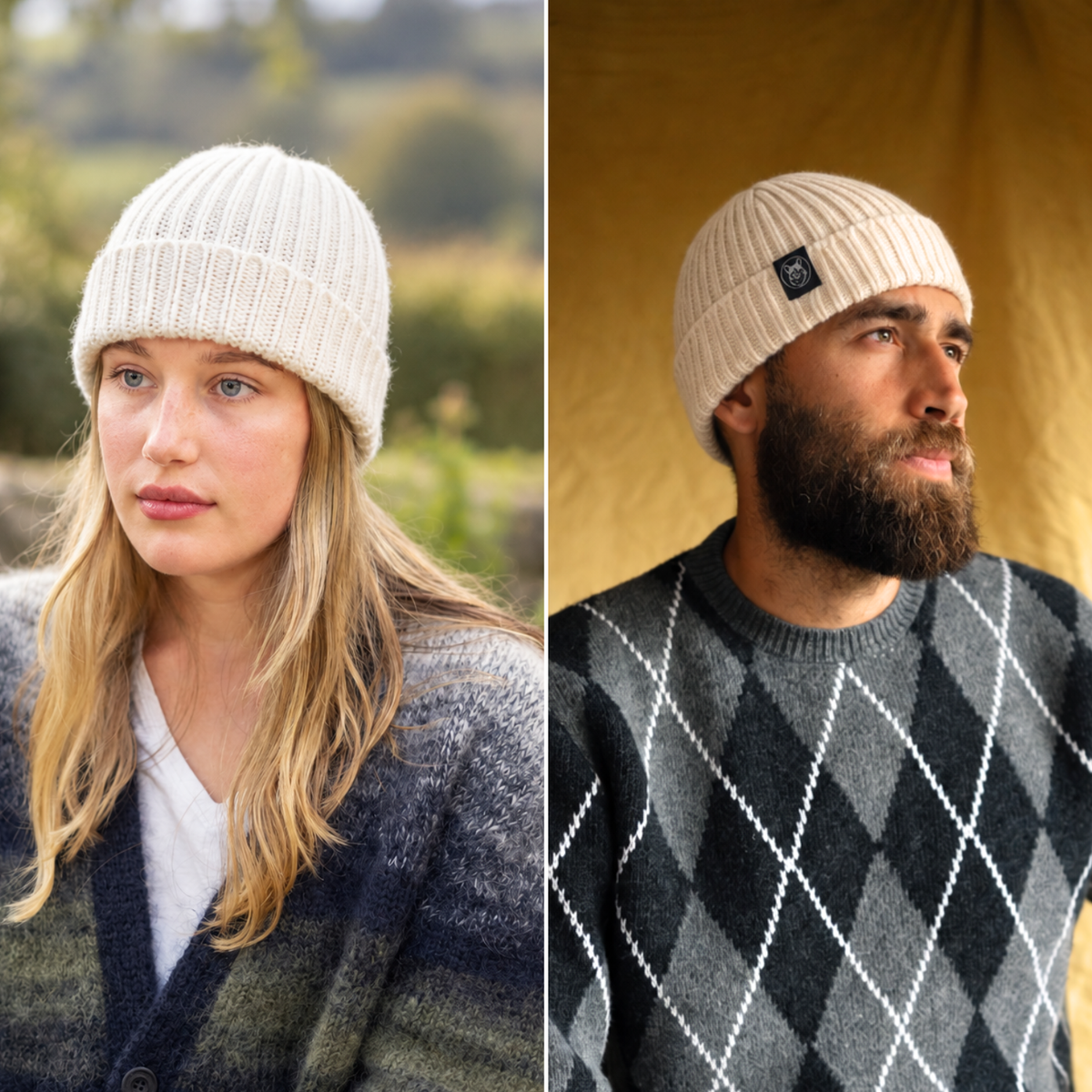 Cream knit beanie on a male and female model