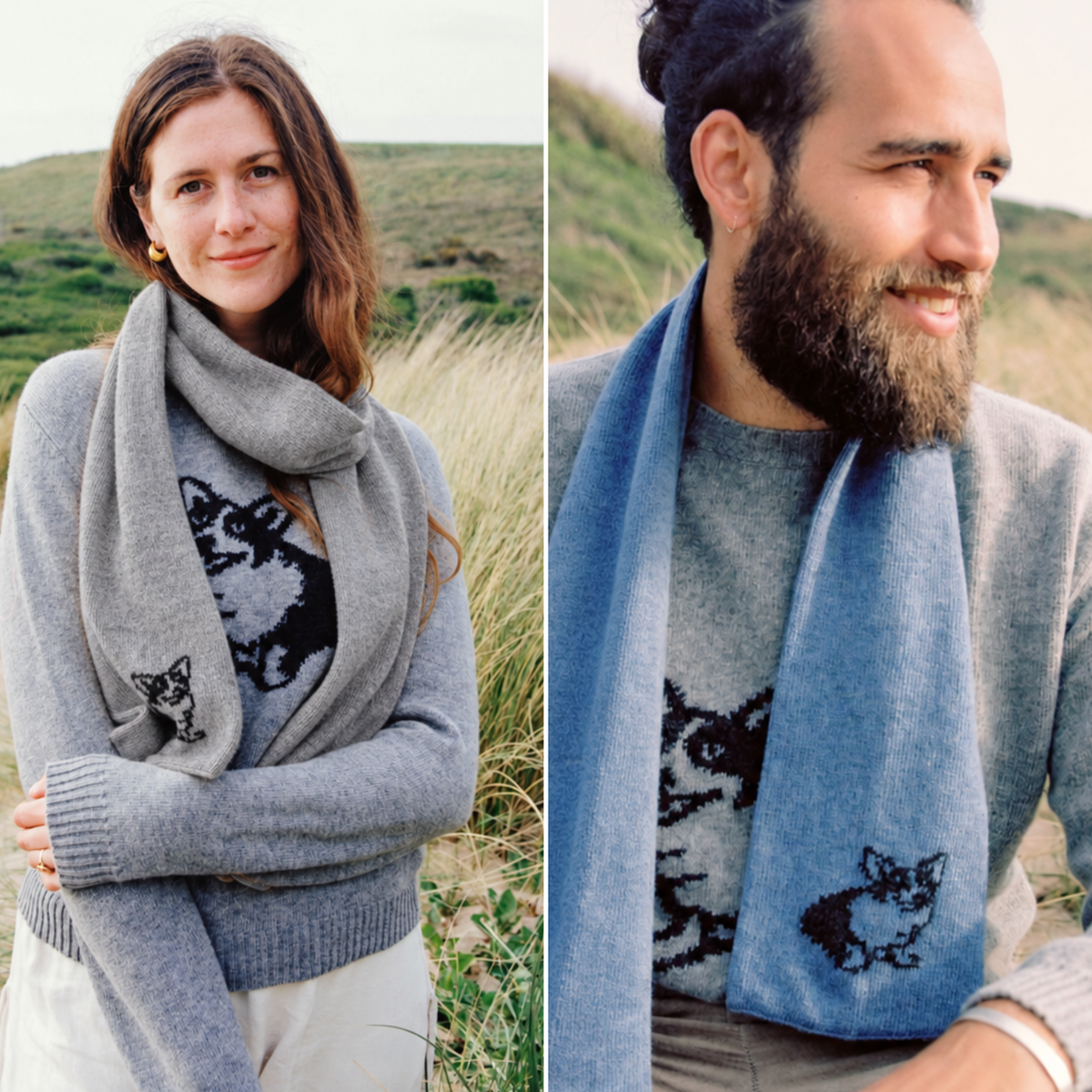 A split-screen lifestyle image showing a woman and a man outdoors wearing knitted scarves. The scarves are light gray and light blue respectively, both featuring a black and white cat motif knitted into the fabric.