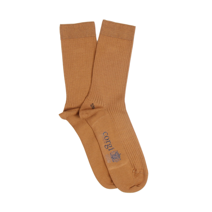 Pair of gold socks with a brand logo on a white background