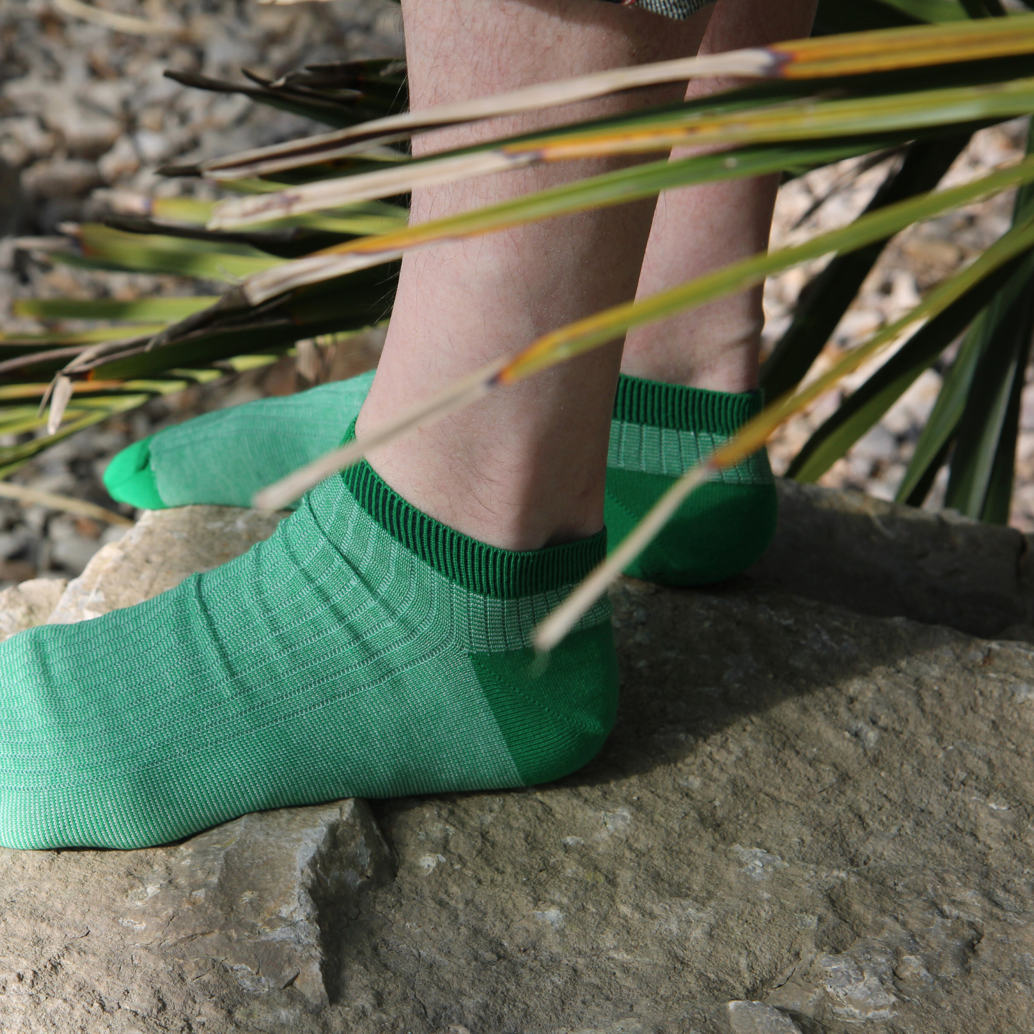 Green socks worn on feet standing on a stone surface with plants in the background